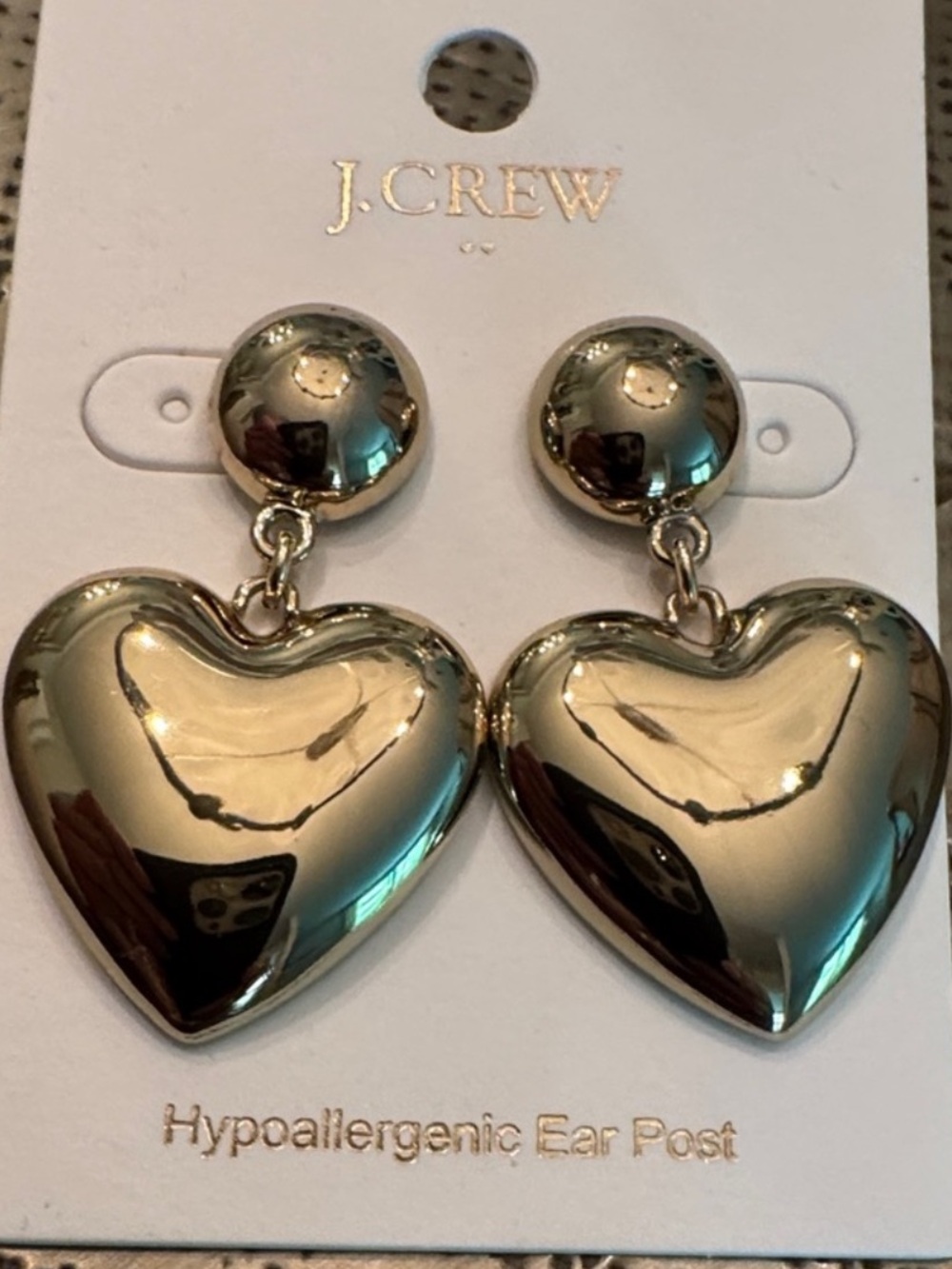 NWT J. Crew Shiny Gold Heart Drop Earrings